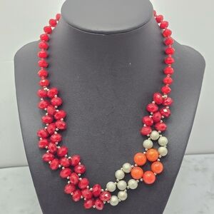Red Glass Beaded Necklace Floral Design Silvertone